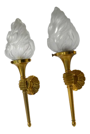 Maison Arlus Bronze Sconce Hand Holding Torch & Flame Glass Shade France - Pair