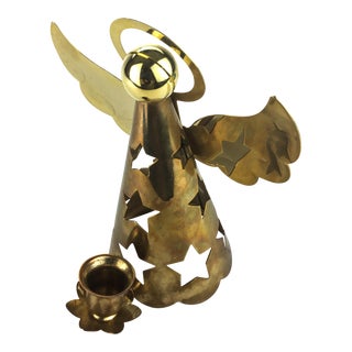 Large Vintage Brass Angel Candle Holder For Sale