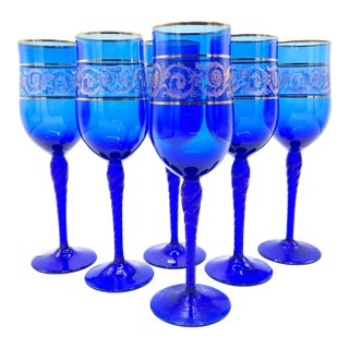 Vintage Crystalex Bohemia Hand Made Tall Cobalt Blue Wine Goblets W/ Gold Detailing - 6 Pieces For Sale