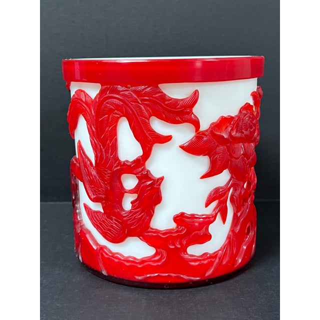 Chinese Chinese Art Peking Glass Overlay Brush Pot With Phoenix Bird and Floral Design For Sale - Image 3 of 12