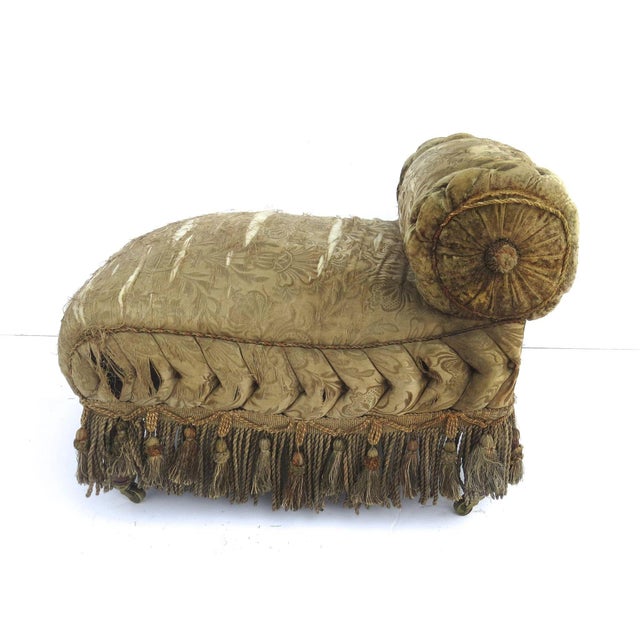 Rococo Antique Upholstered Bench/Stool with One Small Tufted and Rolled Arm and Tassel Shag Trim For Sale - Image 3 of 6