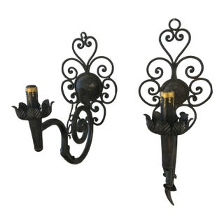 Antique Black Wrought Iron Hand Made Wall Sconces For Sale