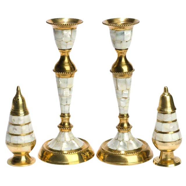 Hand Wrought Brass & Mother of Pearl Table Set For Sale