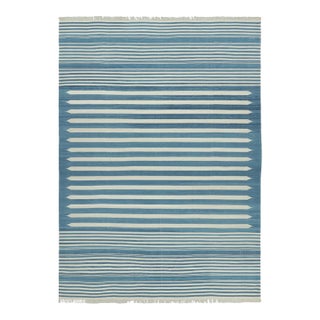 Rug & Kilim’s Contemporary Dhurrie Rug in Blue and White Stripes For Sale