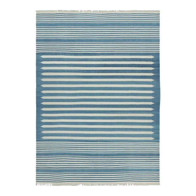 Rug & Kilim’s Contemporary Dhurrie Rug in Blue and White Stripes For Sale