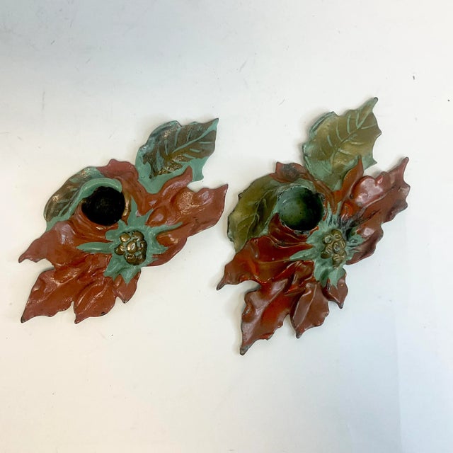 American 1922 Antique Boho Chic Americana Cast Iron Poinsettia Candle Holders - A Pair, Christmas For Sale - Image 3 of 11
