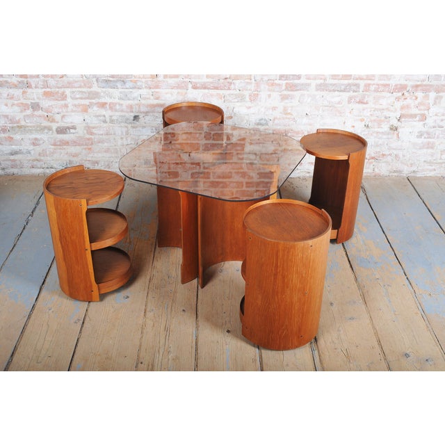 Mid-Century Modern Nesting Table in Oak and Smoked Glass, Czech, 1960s, Set of 5 For Sale - Image 4 of 11