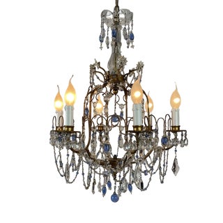Chandelier in Golden Iron and Light Blue Crystals, 1950s For Sale