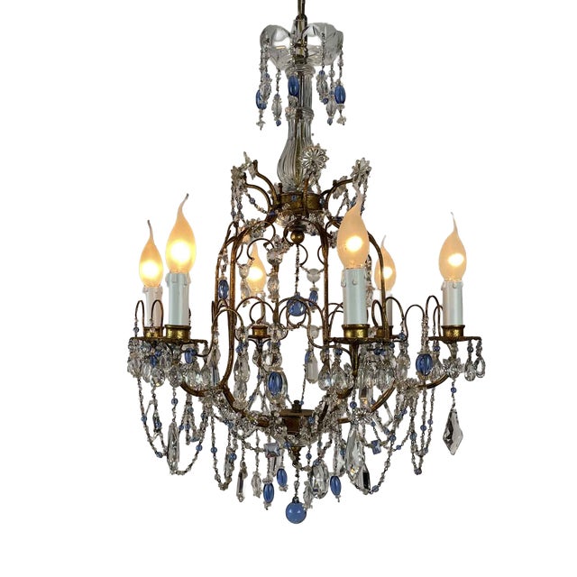 Chandelier in Golden Iron and Light Blue Crystals, 1950s For Sale