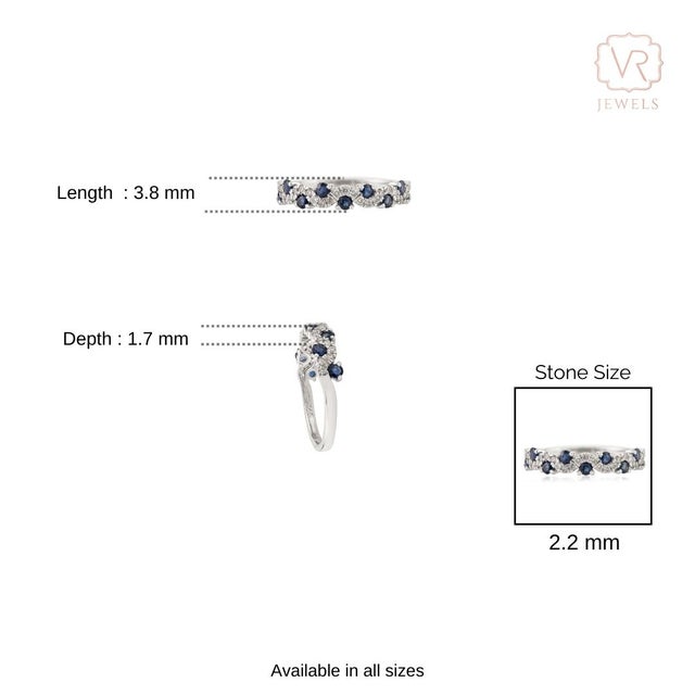 Natural Blue Sapphire & Diamond Wavy Half-Eternity Band Ring Size 5.5 in 14k Gold For Sale - Image 10 of 15