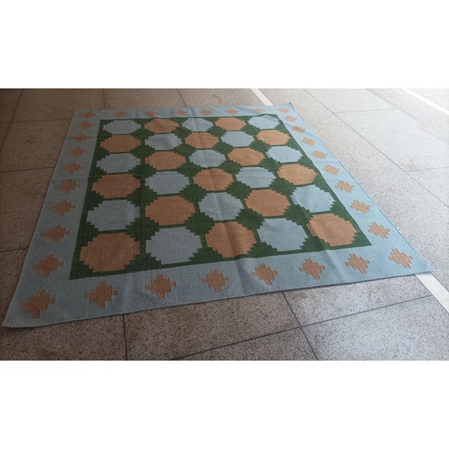 Handmade New Zealand Wool Dhurrie, Sky Blue, Beige and Green Swedish Tile Rug- 78"x88" For Sale - Image 9 of 13