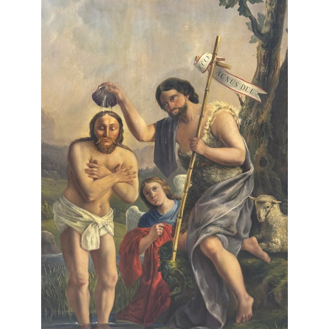 Textile Auguste Kunzek Antique Religious Oil Painting of the Baptism of Christ For Sale - Image 7 of 11