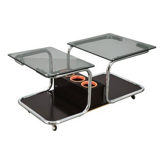 Space Age Chrome, Smoked Glass and Wood Bar Cart, 1970s For Sale