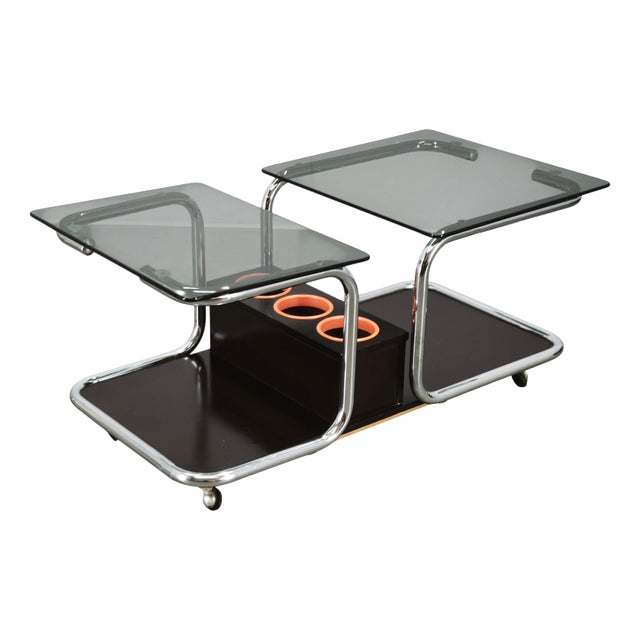 Space Age Chrome, Smoked Glass and Wood Bar Cart, 1970s For Sale