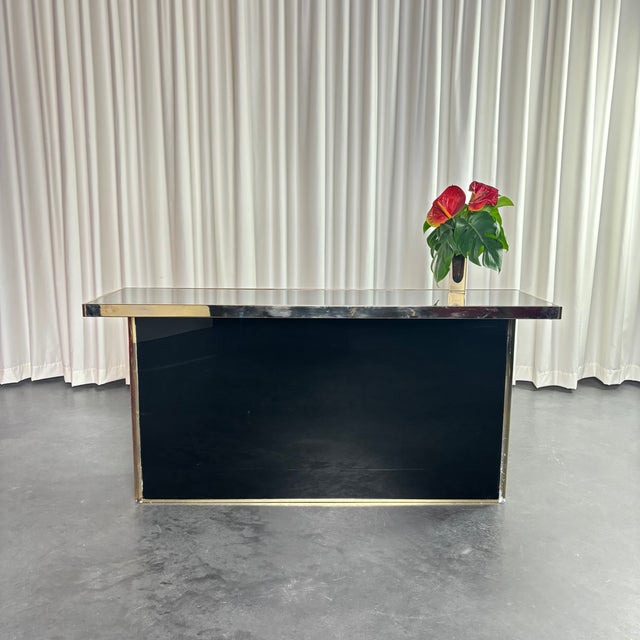 1970s Brass Console Table with Black Mirror Top, 1970s For Sale - Image 5 of 12