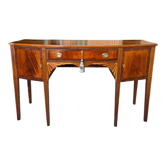 English George III Sheraton Mahogany Bowfront Sideboard With Fan Marquetry, Circa 1790–1810 For Sale