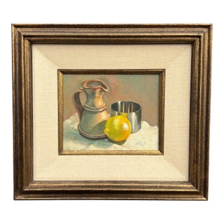 1980s Original Oil on Canvas - Barbara Gelderman Hails Still Life - Pitcher, Lemon, and Stainless Bowl For Sale