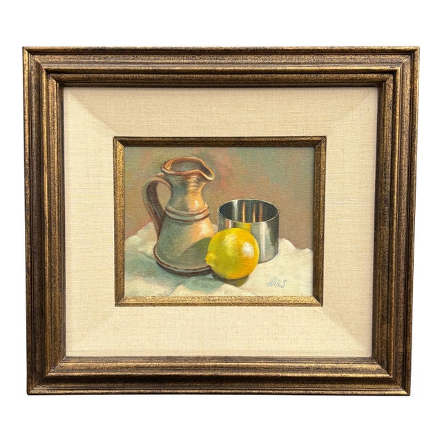 1980s Original Oil on Canvas - Barbara Gelderman Hails Still Life - Pitcher, Lemon, and Stainless Bowl For Sale