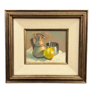 1980s Original Oil on Canvas - Barbara Gelderman Hails Still Life - Pitcher, Lemon, and Stainless Bowl