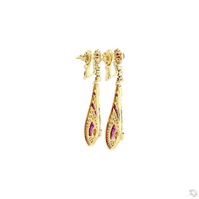 Metal 4.78 Carat Round Brilliant Cut Diamond Ruby Gold Earrings, Pair For Sale - Image 7 of 9