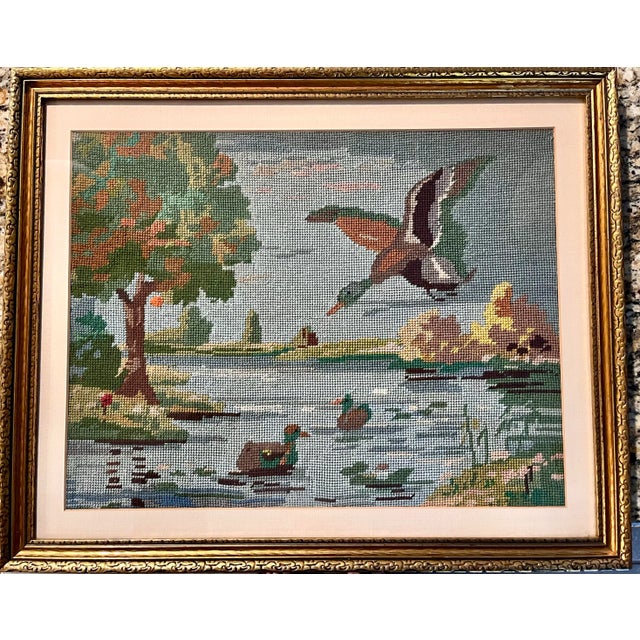 Vintage Framed Needlepoint Landscape With Ducks For Sale In New York - Image 6 of 9