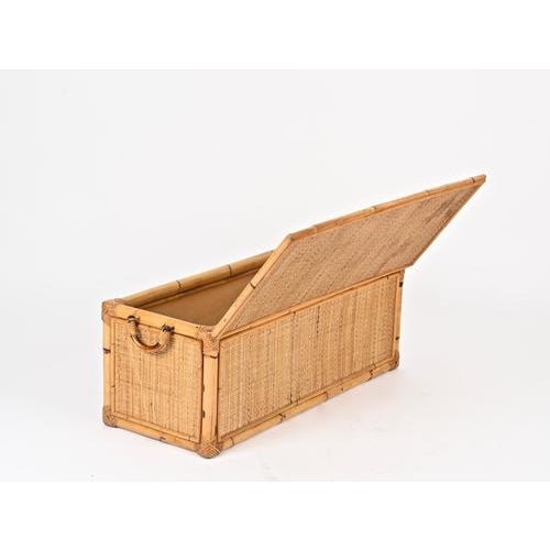 Stunning French Riviera style storage chest or bench, fully hand-made in bamboo, curved rattan, and hand-woven wicker....