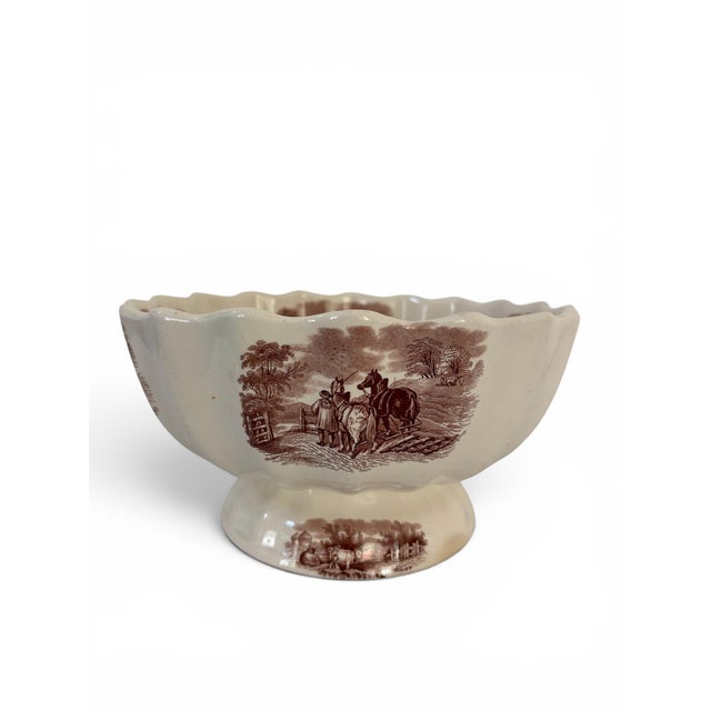 Cream Antique Copeland Duncan Rural Pastoral Scene Footed Bowl Circa 1850'5 For Sale - Image 8 of 10