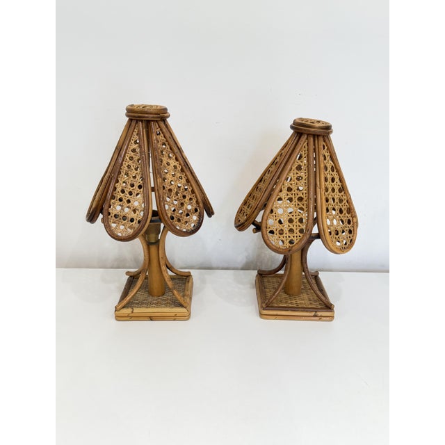 Set of two rattan and bamboo bedside lamps, made in Italy, 1960s. Good condition, E14 lamps. Found in a villa on Capri....