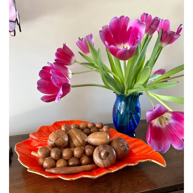 A just-right size of 9 carved wood fruit-apple, pears, banana, figs, pomegranate, passion fruit, and 2 perfect grape...