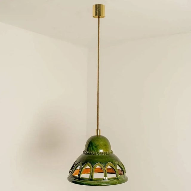 Round Green Glazed Ceramic Pendant Light, Germany, 1970s For Sale - Image 12 of 18