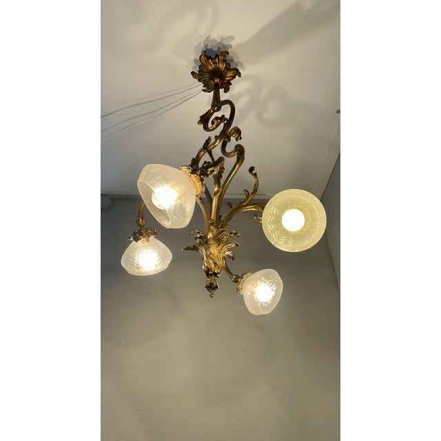 Art Nouveau Golden Chandelier with Frosted Glass Shades For Sale - Image 12 of 18