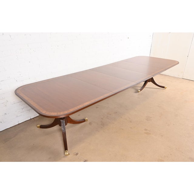 English Baker Furniture Style Georgian Banded Mahogany Double Pedestal Extension Dining Table, Newly Refinished For Sale - Image 3 of 13