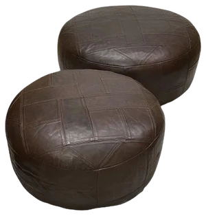 Set of Large and Small Brown Leather Poufs, 1970s