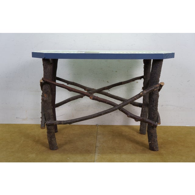 Wood Late 20th Century Adirondack Rustic Twig Log Country Farmhouse Bench Stool Coffee Table 20" For Sale - Image 7 of 15
