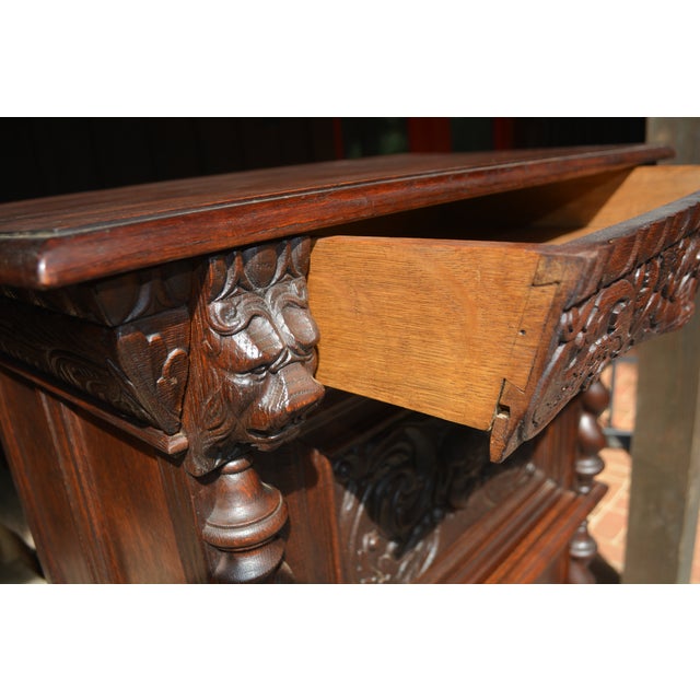 Wood 1900s Jacobean Gothic Carved Cabinet W/ Faces Lions & Barley Twist Columns - 2 Doors Lockable W/ Keys For Sale - Image 7 of 18