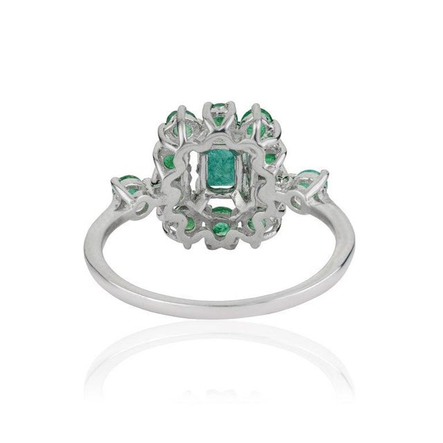 Vintage Style Emerald and Diamond Cluster Ring in Silver, Size 8.5 For Sale - Image 4 of 14