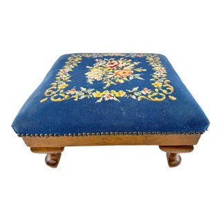 Vintage 1940's Needlepoint Foot Stool For Sale