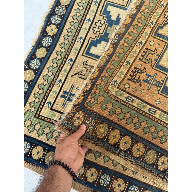 Cashew-Nude & Kiwi Antique Caucasian Lesghi Star GEM Collector's Art Piece Rug 3.5 x 5 For Sale - Image 11 of 12