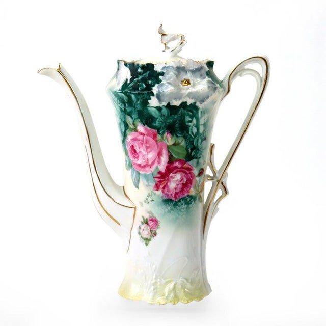 Antique RS Prussia Porcelain Chocolate Pot With 5 Demitasse Cups Signed C1920 Pitcher 8 1/8" x 4" x 7 1/2" Cups 2 7/8" x...