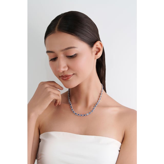 Estate Blue Sapphire Diamond Art Deco Tennis Necklace in 18k White Gold For Sale - Image 10 of 16