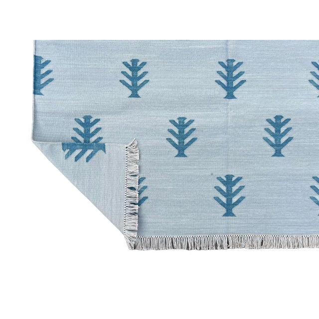 Casa Cosima Not Yet Made - Made To Order Handmade Cotton Area Rug Natural Vegetable Dyed Flat Weave Gray and Teal Blue Tree Pattern Dhurrie - 10'x14' For Sale - Image 4 of 11