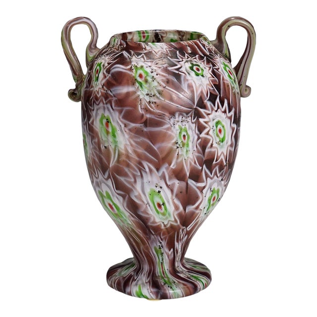 Antique Millefiori Vase in Purple, Green and White, Fratelli Toso Murano 1910 For Sale