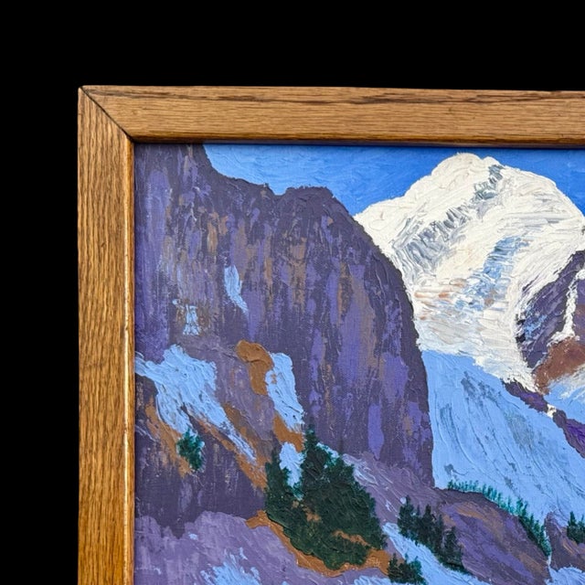 Mid-Century Expressionist Winter Mountain Landscape Oil Painting W/ Original Vintage Wood Frame For Sale - Image 4 of 9