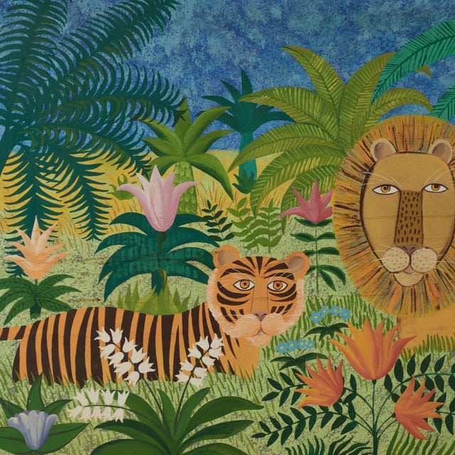 Vintage Naive Painting of a Tiger and a Lion in a Jungle Signed Cadena For Sale In West Palm - Image 6 of 11