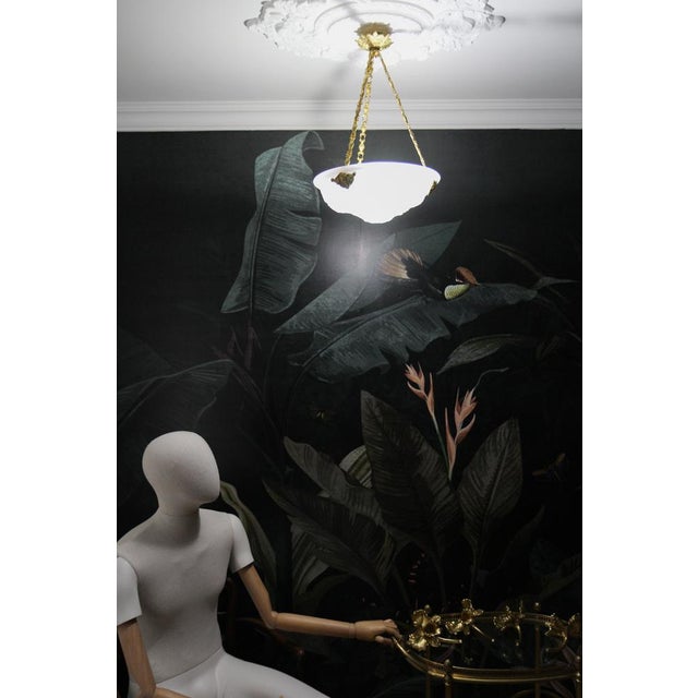 French Art Deco White Frosted Glass and Bronze Pendant Light with Floral Motifs, 1930s For Sale - Image 11 of 18