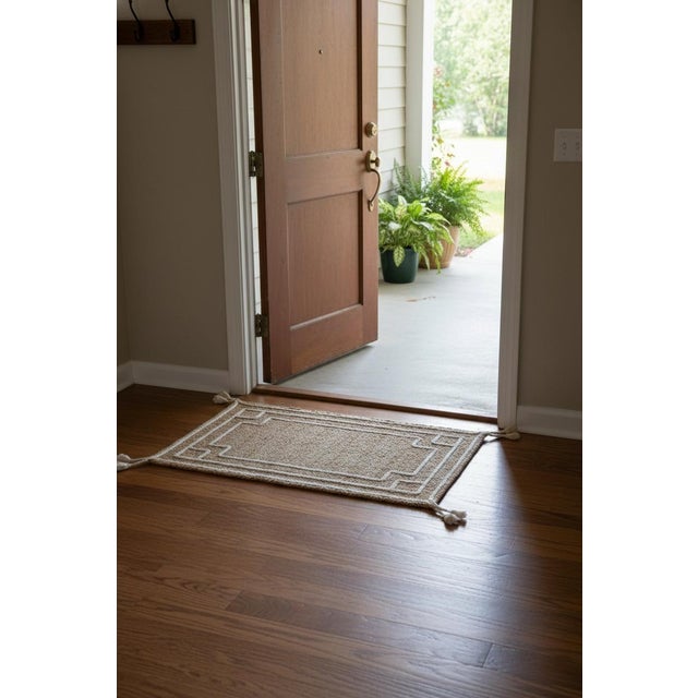 This handcrafted rectangular jute doormat brings natural texture and understated elegance to any entryway. Woven from...