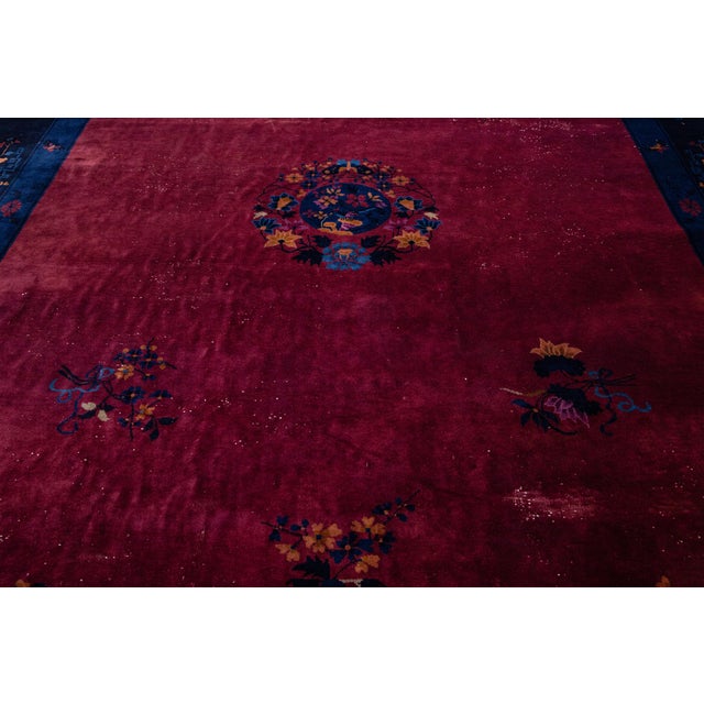 Art Deco Chinese Floral Designed Antique Wool Rug in Red For Sale - Image 9 of 10