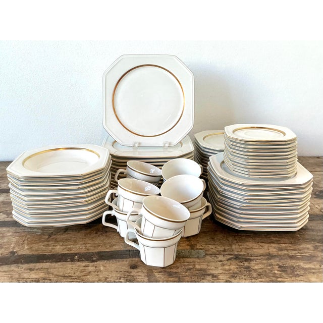 Off-white Vintage Galerie De Porcelaine Gold Rim China - Set of 70 For Sale - Image 8 of 12