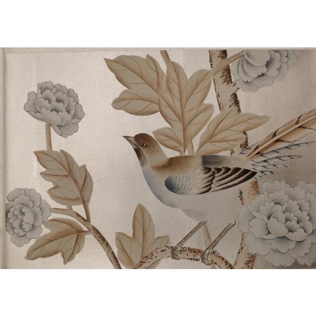 Chinoiserie Luxury Hand Painted Silver Foil Wallpaper With Floral & Bird Design, Elegant Chinoiserie Botanical Wallcovering, Custom Oriental Interior Mural For Sale - Image 3 of 10