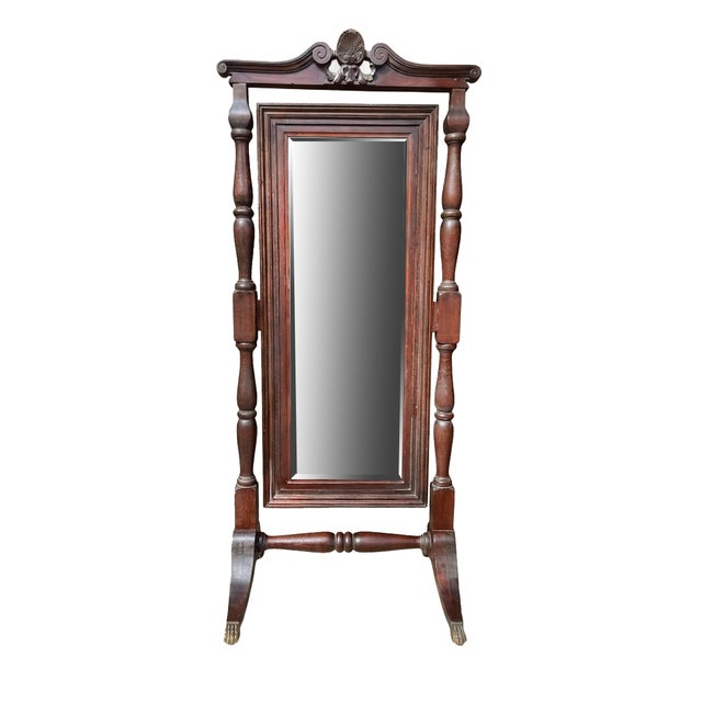Massive late 1800s mahogany Cheval mirror—empire style with brass claw-feet! Tilts and stays tilt. Light foxing on mirror,...